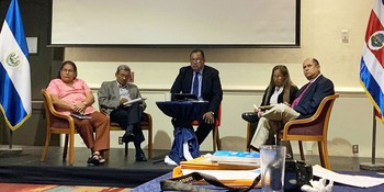 A panel of representatives from the historic protestant churches in El Salvador. From left;Tomasita Moran, Reformed Calvinist Church of El Salvador (IRCES), Rev. Miguel Tomas Castro, Emmanuel Baptist Church,Cesar Rios (Moderated the panel) Institute of Salvadoran Migration (INSAMI), Rev. Blanca Irma Rodriguez, Evangelical Lutheran Church of El Salvador, Bishop David Alvarado, Episcopal Church of El Salvador. Photo by Amanda Craft.