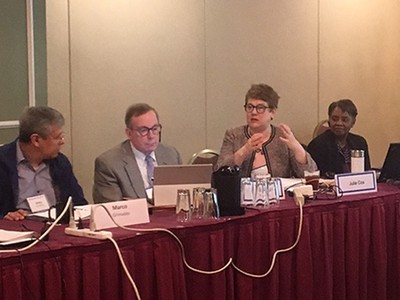 A Corp board member Julie Cox (second from right) discusses the need for a manager of global language services within PC(USA). Photo by Rick Jones