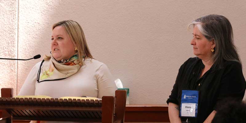 The Rev. Shannan Vance-Ocampo and the Rev. Eliana Maxim offer greetings from the Presbyterian Mission Agency Board and the Committee on the Office of the General Assembly, respectively. Photo by Rick Jones