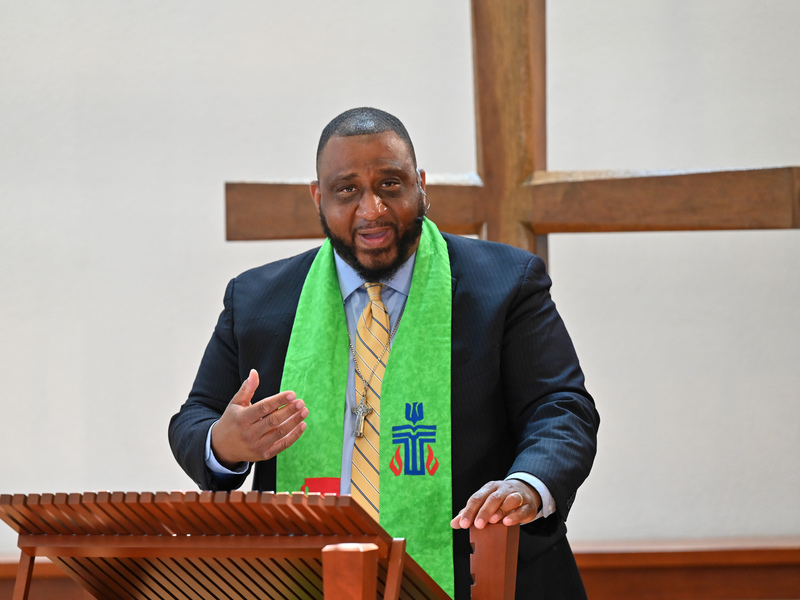 Rev. Gregory Bentley, Co-Moderator of the 224th General Assembly, leads Opening Worship at the 225th General Assembly on June 18, 2022. (Photo by Rich Copley)