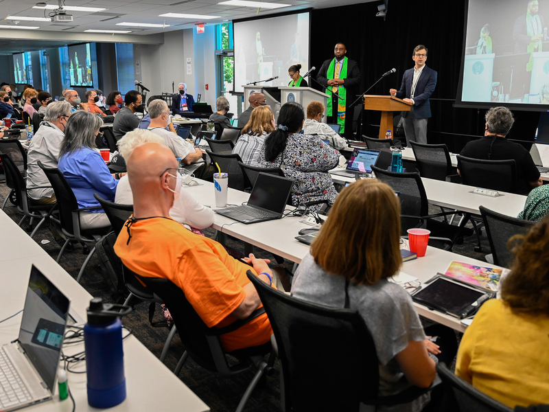 John Odom, General Presbyter of the Mid-Kentucky Presbytery, joins Rev. Gregory Bentley and Ruling Elder Elona Street-Stewart, Co-Moderators of the 224th General Assembly, to welcome participants during Plenary 1 at the 225th General Assembly on June 18, 2022. (Photo by Rich Copley) 