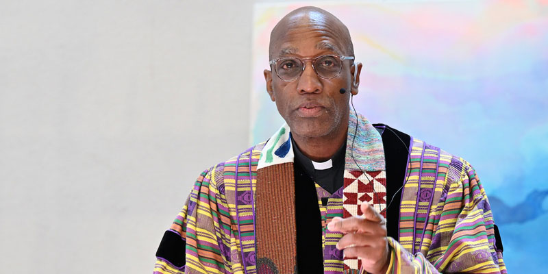 The Rev. Dr. J. Herbert Nelson II, Stated Clerk of the General Assembly of the Presbyterian Church (U.S.A.) leads a Juneteenth Worship service as part of the 225th General Assembly June 19, 2022, at the Presbyterian Center in Louisville, Kentucky. (Photo by Rich Copley) 