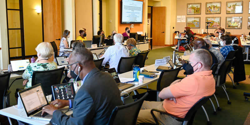 The Addressing Violence in the USA Committee meets on June 23, 2022, at the 225th General Assembly of the Presbyterian Church (U.S.A.) in Louisville, Kentucky. (Photo by Rich Copley) 