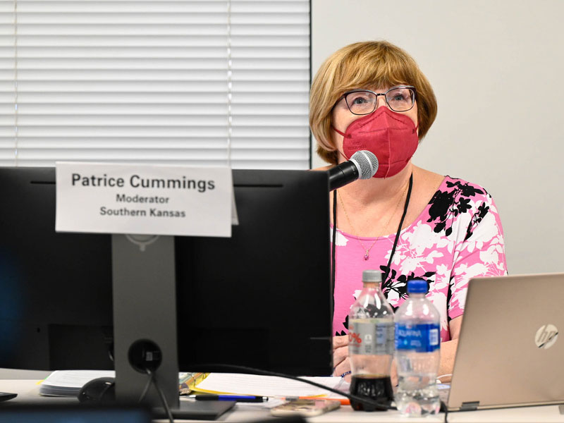 Committee Moderator Patrice Cummings addresses the Moving Forward/Vision 2020 Committee on June 30, 2022 as part of the 225th General Assembly of Presbyterian Church (U.S.A.) at the Presbyterian Center in Louisville, Kentucky. (Photo by Rich Copley)