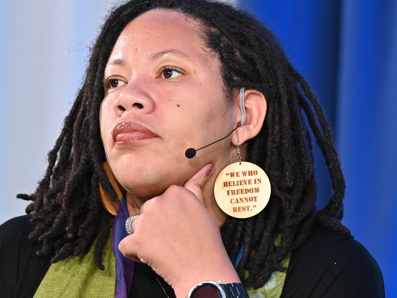 The Rev. Shavon Starling-Louis, Co-Moderator of the 225th General Assembly of the Presbyterian Church (U.S.A.), wore earrings made by The Rev. Denise Anderson, Co-Moderator of the 222nd General Assembly, on her first day of moderating plenary sessions on July 5, 2022, at the Presbyterian Center in Louisville, Kentucky. (Photo by Rich Copley) 