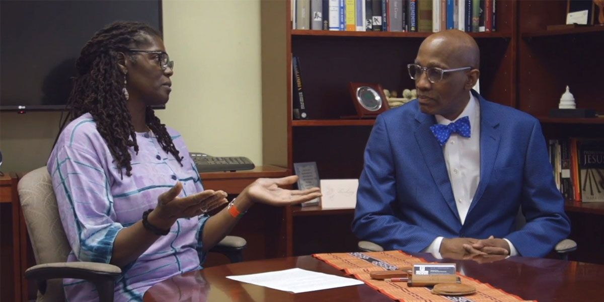 Director of Ecumenical Relations Dianna Wright and Stated Clerk J. Herbert Nelson discuss the Formula of Agreement during the Ecumenical Service of worship on July 7, 2022 during the 225th General Assembly. 