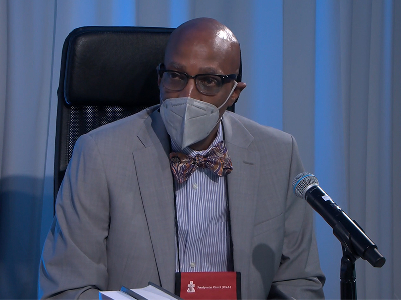 Rev. Dr. J. Herbert Nelson, II, Stated Clerk of the General Assembly, shares words of encouragement at the opening of plenary 12 on July 8, 2022, at the 225th General Assembly of the Presbyterian Church (U.S.A.)