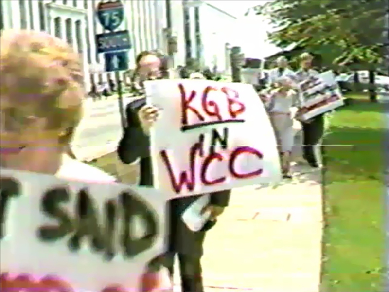 Counter demonstrators against the 1983 reunion likened the World Council of Churches to the KGB. (Courtesy of PHS)