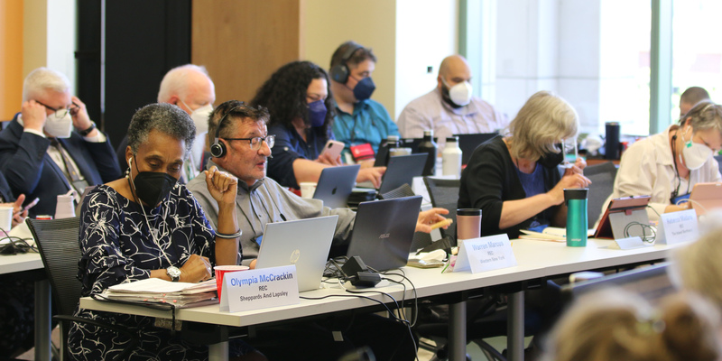 Commisioners Olympia McCrackin and Warren Marcus listen during the Rules of Discipline Committee meeting at the 225th General Assembly on June 20, 2022, at the Presbyterian Center in Louisville, Kentucky. (Photo by Randy Hobson)