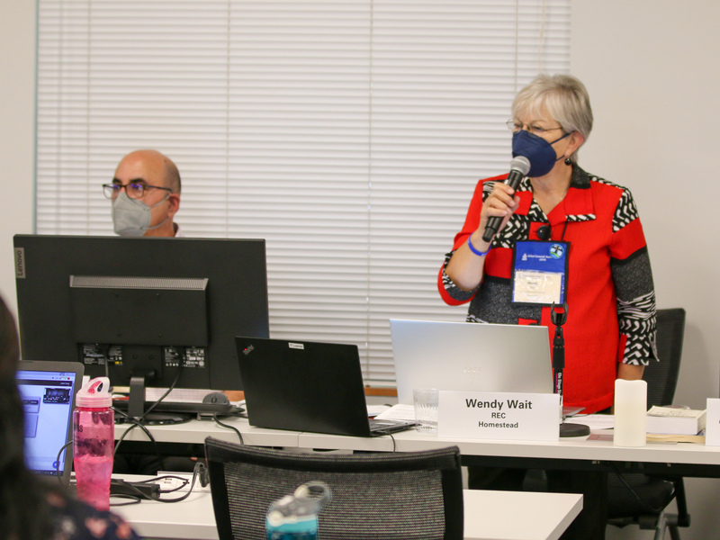 Mid Councils Committee moderator , Ara Guekguezian (left) and vice moderator Wendy Wait lead a session of the Mid Councils Committee on June 20, 2022 at the Presbyterian Center in Louisville, Kentucky. (Photo by Randy Hobson)