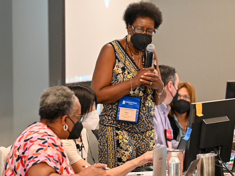 Committee moderator, Willye Bryan, leads the Gender and Racial Justice Committee on June 23, 2022, during the 225th General Assembly of the Presbyterian Church (USA) in Louisville, Kentucky. (Photo by Rich Copley) 