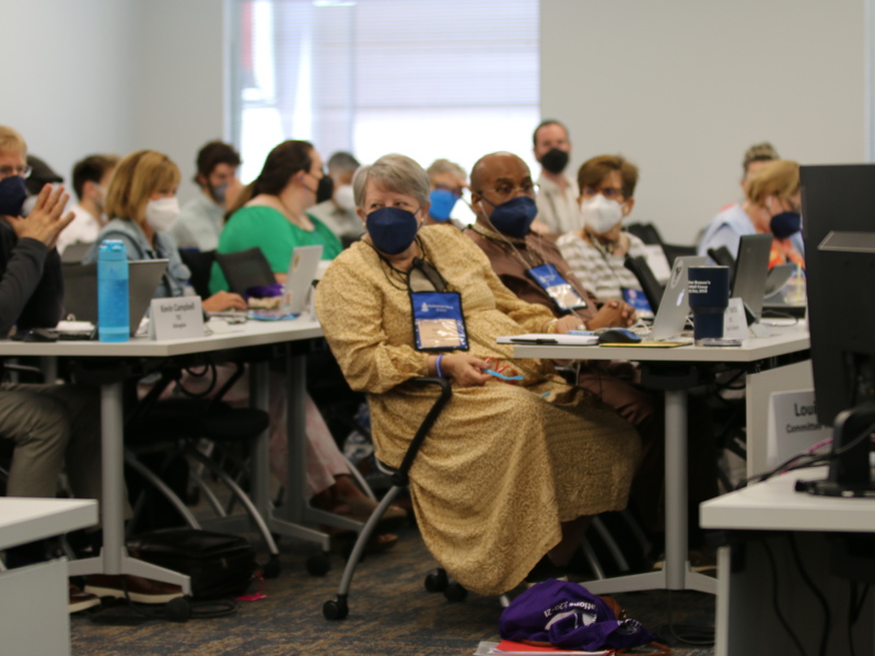 Ruling Elder Commissioner Kaye Yearta and Teaching Elder Commissioner David Thornton hear from commissioner speaking on a motion during the International Engagement Committee meeting on June 27, 2022 at the 225th General Assembly of the Presbyterian Church (U.S.A.) in Louisville, Kentucky. (Photo by Randy Hobson) 