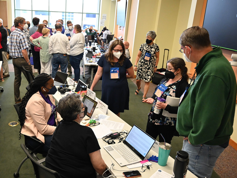 The General Assembly Ministry Coordination Committee engages in small group discussions on June 30, 2022 as part of the 225th General Assembly of Presbyterian Church (U.S.A.) at the Presbyterian Center in Louisville, Kentucky. (Photo by Rich Copley)