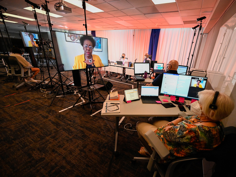 Race and Gender Justice Committee Moderator Willye Bryan presented the committee's report virtually early on Wednesday afternoon during the seventh plenary of the 225th General Assembly of the Presbyterian Church (U.S.A.), on July 6, 2022, at the Presbyterian Center in Louisville, Kentucky. (Photo by Rich Copley)