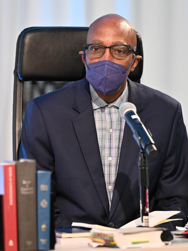 Rev. Dr. J. Herbert Nelson, II, Stated Clerk of the General Assembly, shares words of gratitude and hope during the seventeenth and final plenary of the 225th General Assembly of the Presbyterian Church (U.S.A.) on July 9, 2022, at the Presbyterian Center in Louisville, Kentucky. (Photo by Rich Copley) 