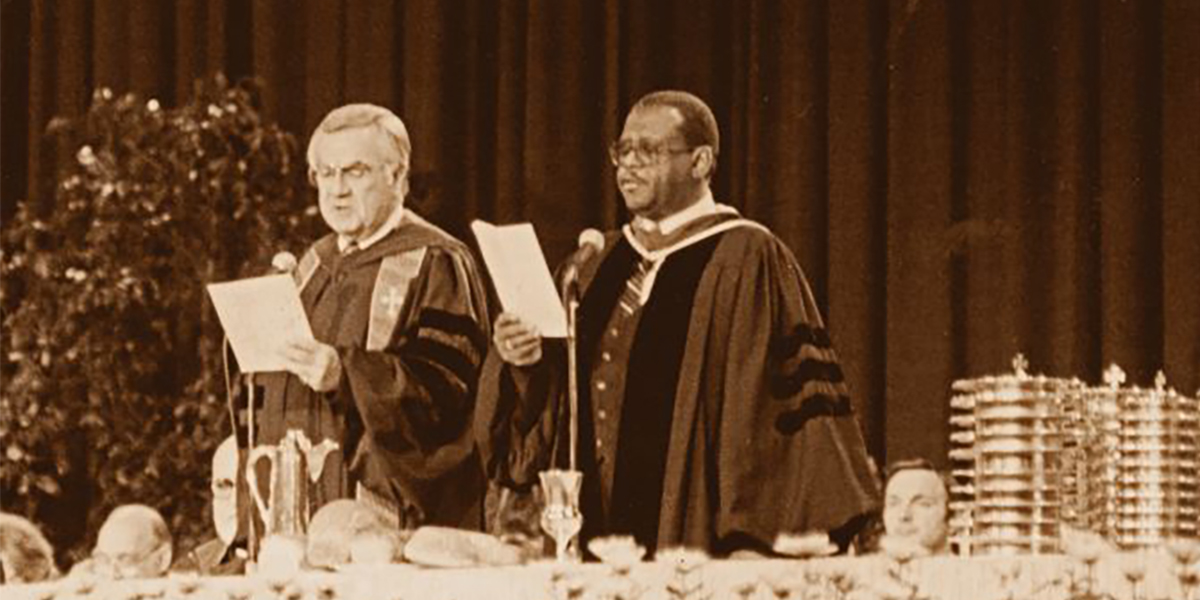 Anderson (left) and Costen (right) read, in unison, the Declaration of Reunion at the communion service on Friday evening, June 10, 1983, formally constituting the Presbyterian Church (U.S.A.).