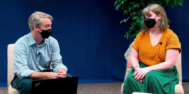 GA News Live host Fred Tangeman (left) discusses business items slated for next week’s plenaries with Kate Trigger Duffert (right).