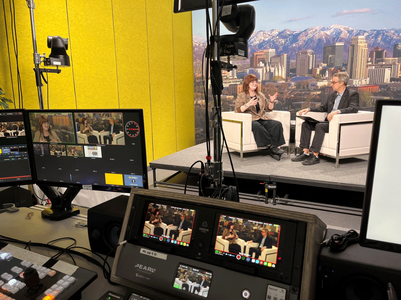 Kate Trigger Duffert and Fred Tangeman in the studio at the Salt Palace Convention Center prepare to go live on GA Daily Sunday afternoon. Photo by Randy Hobson.