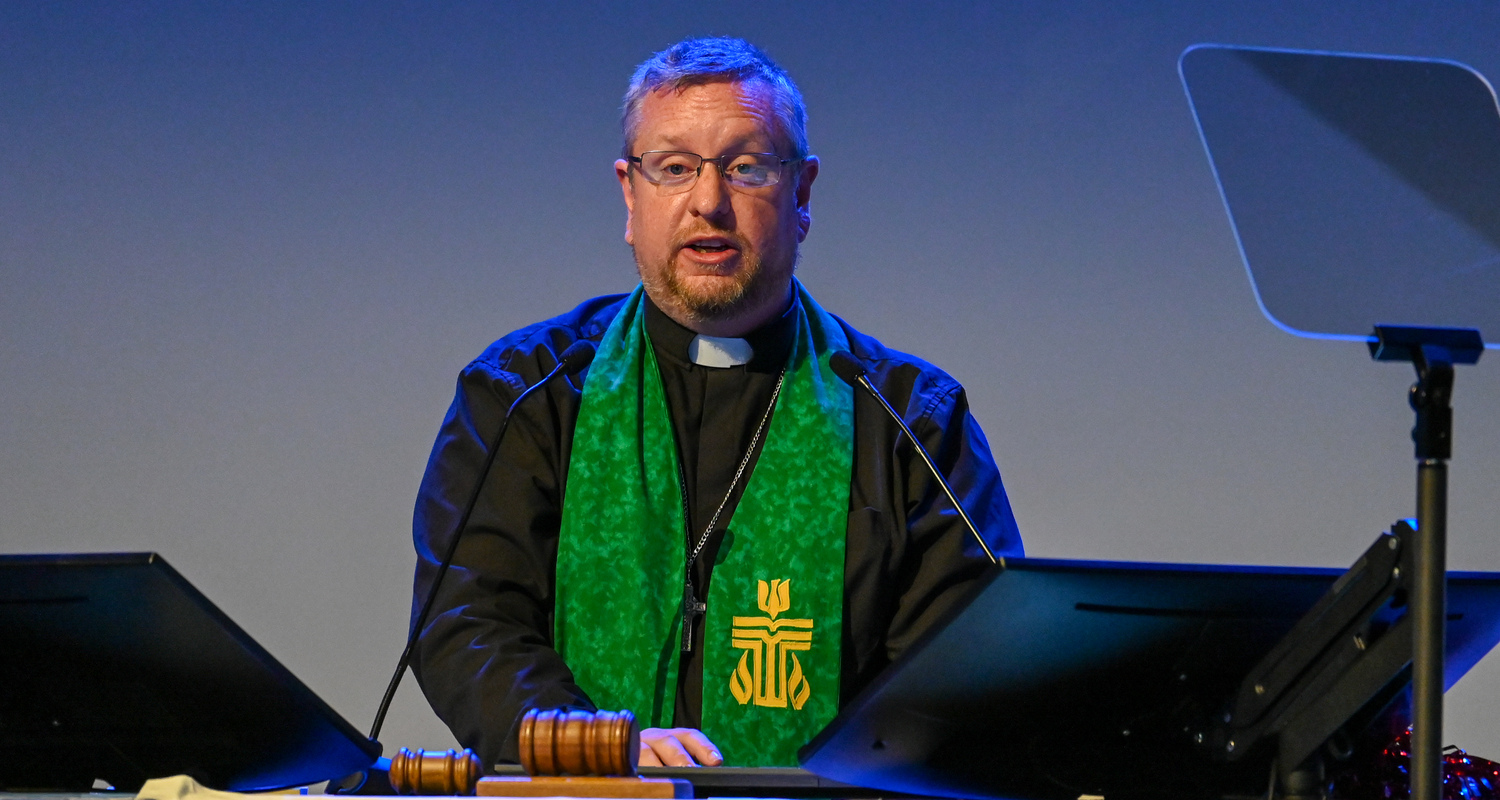 GA226 Co-Moderator Tony Larson guides the Assembly through items of business from the Race, Sexuality, & Gender Justice and Ecumenical & Interfaith Partnership committees during the 6th plenary meeting on July 1, 2024. Photo by Rich Copley.