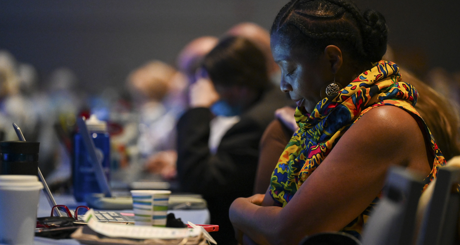 The General Assembly was convened in prayer on July 2 for those in the path of Hurricane Beryl, which had increased in strength to a Category 5 storm. Photo by Rich Copley. 