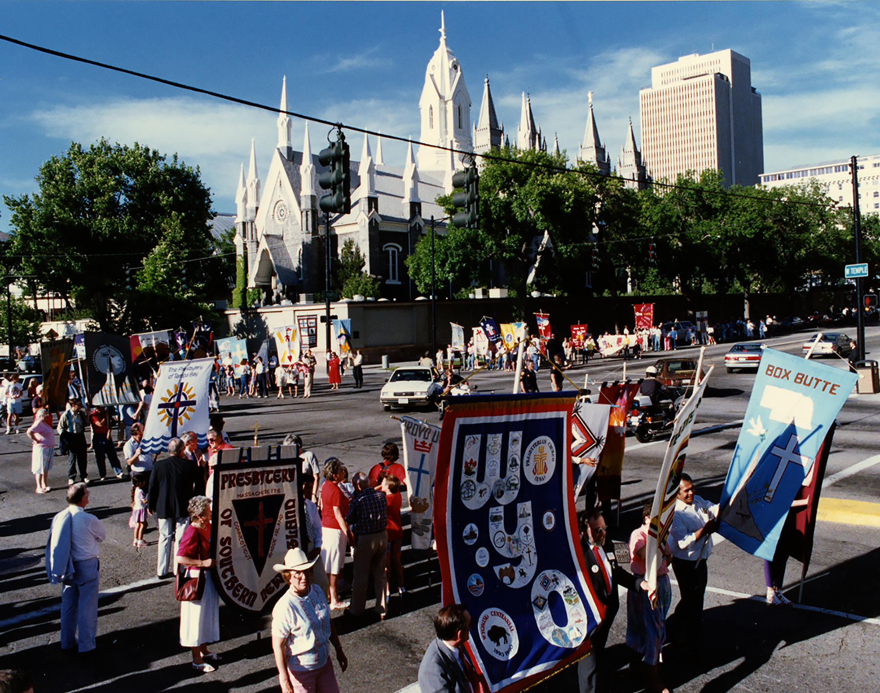 A Pentecost celebration parade heading to the Salt Palace.