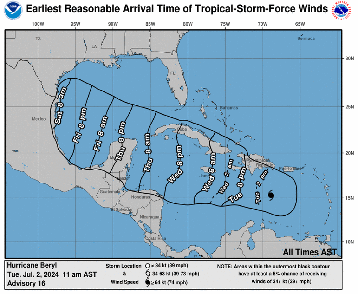 Map of the projected path of Hurricane Beryl, as of July 2, 2024. Map from the National Hurricane Center, Public Domain.