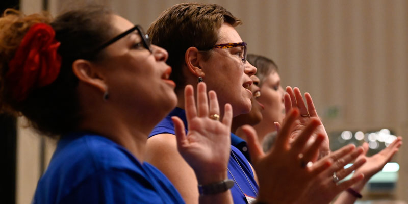 Plenary participants Friday included the Co-Moderators of the 223rd General Assembly, Ruling Elder Vilmarie Cintrón-Olivieri and the Rev. Cindy Kohlmann. (Photo by Rich Copley)