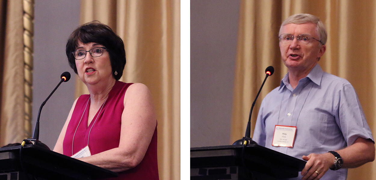 Rev. Debbie Braaksma, coordinator of World Mission’s Africa office, and Rev. Philip Woods, , World Mission’s associate director for strategy, program and recruitment introduce the process in development of World Mission's strategic plan at the World Mission luncheon at Big Tent on April 2, 2019. Photos by Angela Stevens