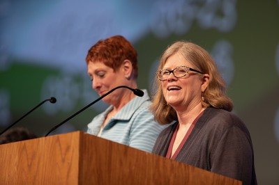 Ruth Huff, moderator of the [06] Church Polity and Ordered Ministry Committee, addresses the 223rd General Assembly.