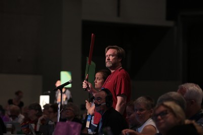 Lewis Casey Thompson, commissioner from Philadelphia Presbytery, speaks during Saturday morning's plenary at the 223rd General Assembly.