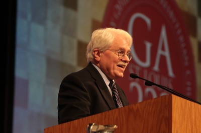 Walter Rockenstein, moderator of the Mission Coordination committee, speaks during Saturday morning's plenary at the 223rd General Assembly.