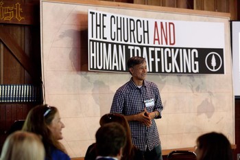 Brian Wo speaks at the Bay Area Anti-Trafficking Coalition Freedom Summit in San Francisco. The event, the largest of its kind in the United States, was held at Levi’s Stadium, site of the 2016 Super Bowl.