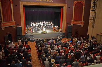 More than 500 people gather at the Bergen Performing Arts Center for worship services held by the First Presbyterian Church of Englewood.