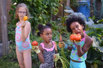 Ben Johnston-Krase’s children (left to right), Sylvia, age 11 Ezgihaye, age 6, Meheret, age 8 are excited about Farm Church, but they wonder where it will be and where they go to school this fall?