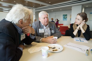 Philippe Lerch, from First Presbyterian Church in the City of New York, Heath Rada and the Rev. Erin Keys, pastor of First Presbyterian Church in Greenwich, Conn., talk about communications during a churchwide listening session at Auburn Theological Seminary in New York City.