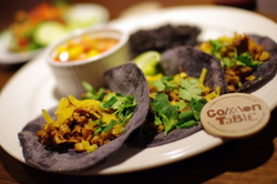 A picture of blue corn nachos on a plate filled with toppings and a dish of sauce.