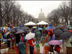 Participants gather outside the White House at a previous gathering of Christian Peace Witness for Iraq. The group is meeting in Washington April 29-30, coinciding with President Obama’s 100th day in office.