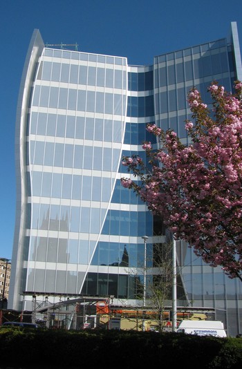 Church of the Covenant is reflected in the windows of the Seidman Cancer Center in Cleveland.