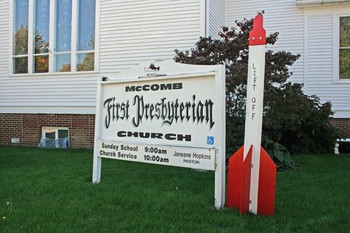 Church in McComb with "LIft-Off" next to its sign. Space Shuttle what congregation is doing for kids in community - helping them "Lift-Off"