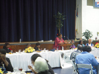 Billie Jean Young encourages attendees to listen to the “wake-up call” of the world. 