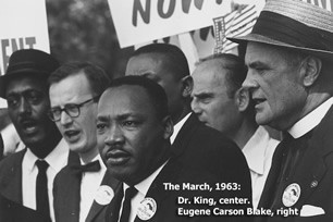 The Rev. Martin Luther King, Jr. (center) speaks at the March on Washington, Aug. 28, 1963. At far right is the Rev. Eugene Carson Blake, then General Assembly stated clerk of the United Presbyterian Church in the United States of America.