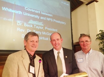 North Puget Sound Presbytery Stated Clerk the Rev. Dean Strong, Whitworth University President Beck Taylor and Whitworth’s dean of spiritual life, Terry McGonigal.