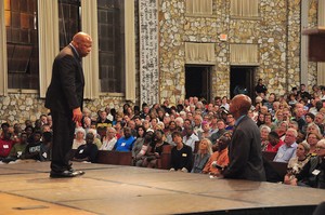 U.S. Rep. John Lewis takes questions from Paul Roberts, president of Johnson C. Smith Theological Seminary and moderator of the Q & A session during his appearance at Anderson Auditorium in Montreat.