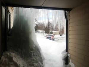 Ice nearly blocks the entrance to the First Presbyterian Church in Worcester. 