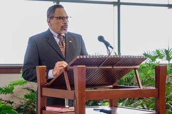 Tony De La Rosa, Presbyterian Mission Agency interim executive director, preaches at the Dec. 2, 2015 Presbyterian Center Advent service.