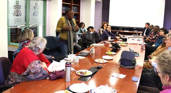 Ms. Ebun James-DeKam, general secretary of the Council of Churches in Sierra Leone briefs Presbyterian Mission Agency staff on life in Sierra Leone post Ebola.