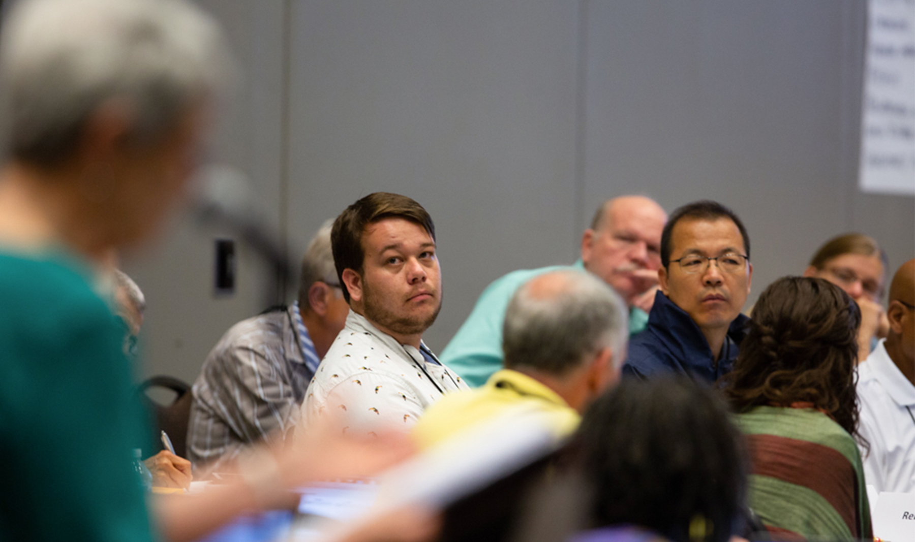 Commissioners and advisory delegates hear from overture advocate during a committee meeting at the 223rd General Assembly (2018) in St. Louis.Photo by Michael Whitman. 