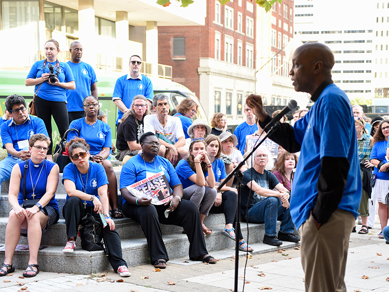 The Reverend Dr. J. Herbert Nelson, II, Stated Clerk of the General Assembly of the PC(USA), speaks at the Baltimore Cease Fire Walk in downtown Baltimore during Big Tent. Photo by Rich Copley.