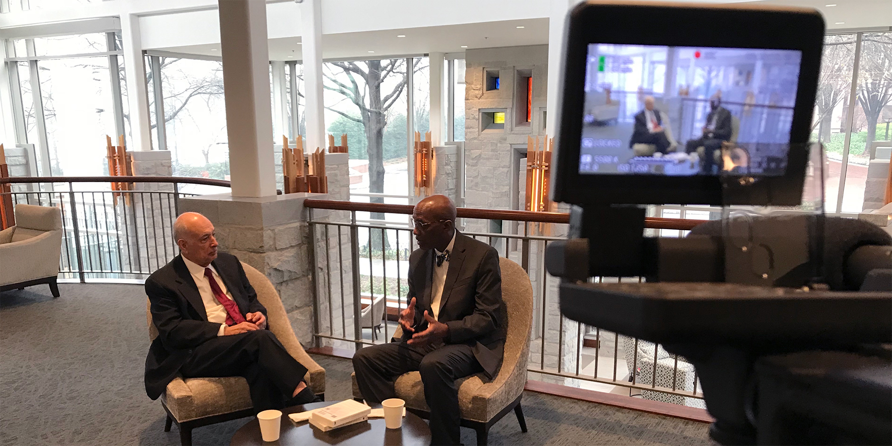 The Rev. Dr. J. Herbert Nelson, II, Stated Clerk of the Presbyterian Church (U.S.A.), at right, interviews the Rev. Fahed Abu-Akel, Moderator of the 214th General Assembly, during a Facebook Live event Monday. The interview occurred at North Avenue Presbyterian Church in Atlanta. (Photo by Randy Hobson)