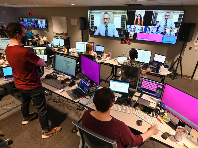 The production team monitors the seventh plenary of the 225th General Assembly of the Presbyterian Church (U.S.A.) on July 6, 2022, held online and at the Presbyterian Center in Louisville, Kentucky. (Photo by Rich Copley) 